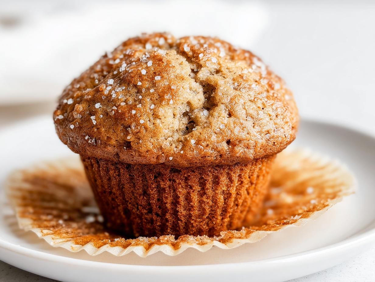 Close-up of a single, perfectly domed Bakery Style Banana Muffins topped with coarse sugar crystals.