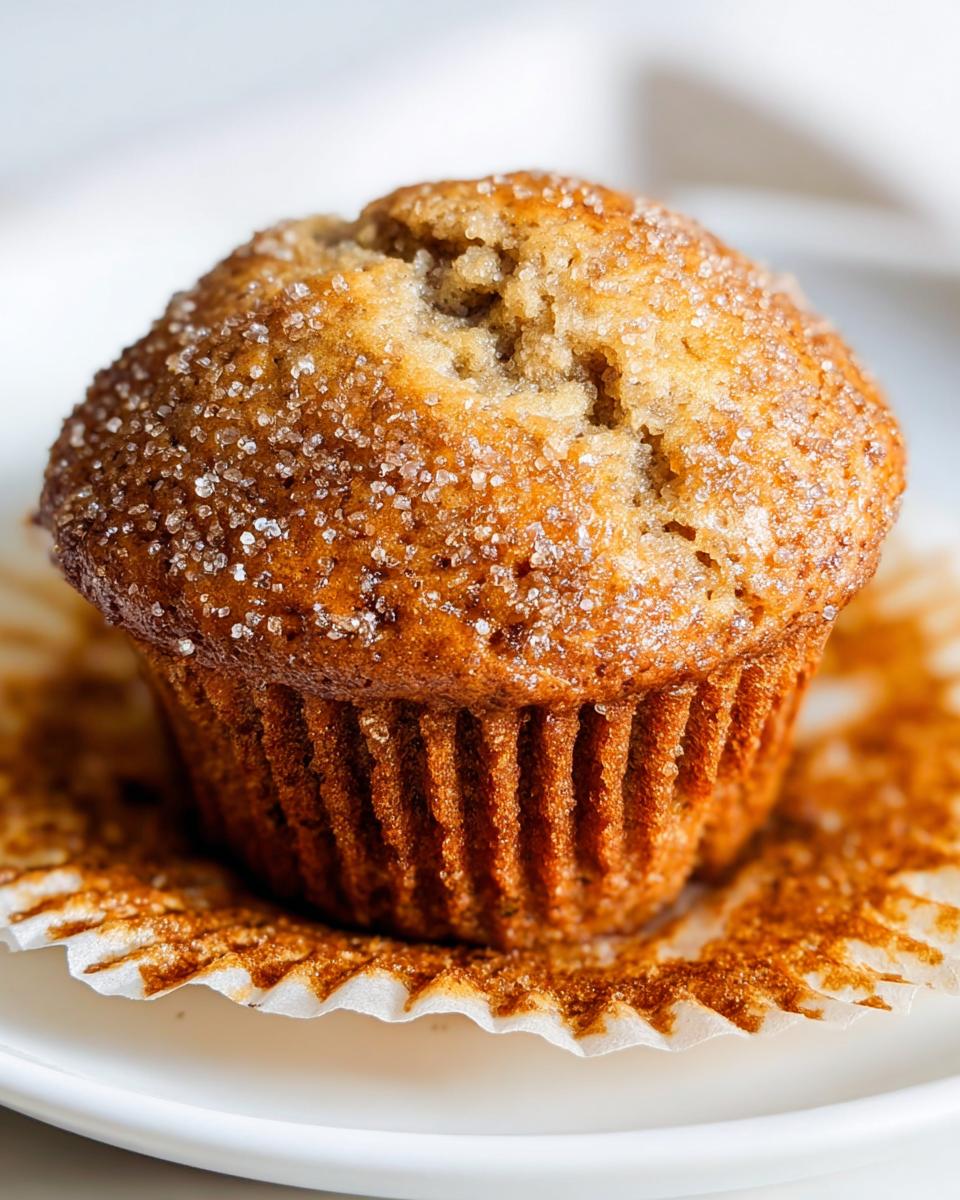 Close-up of a single, golden brown Banana Muffins Bakery Style topped generously with coarse sugar crystals.