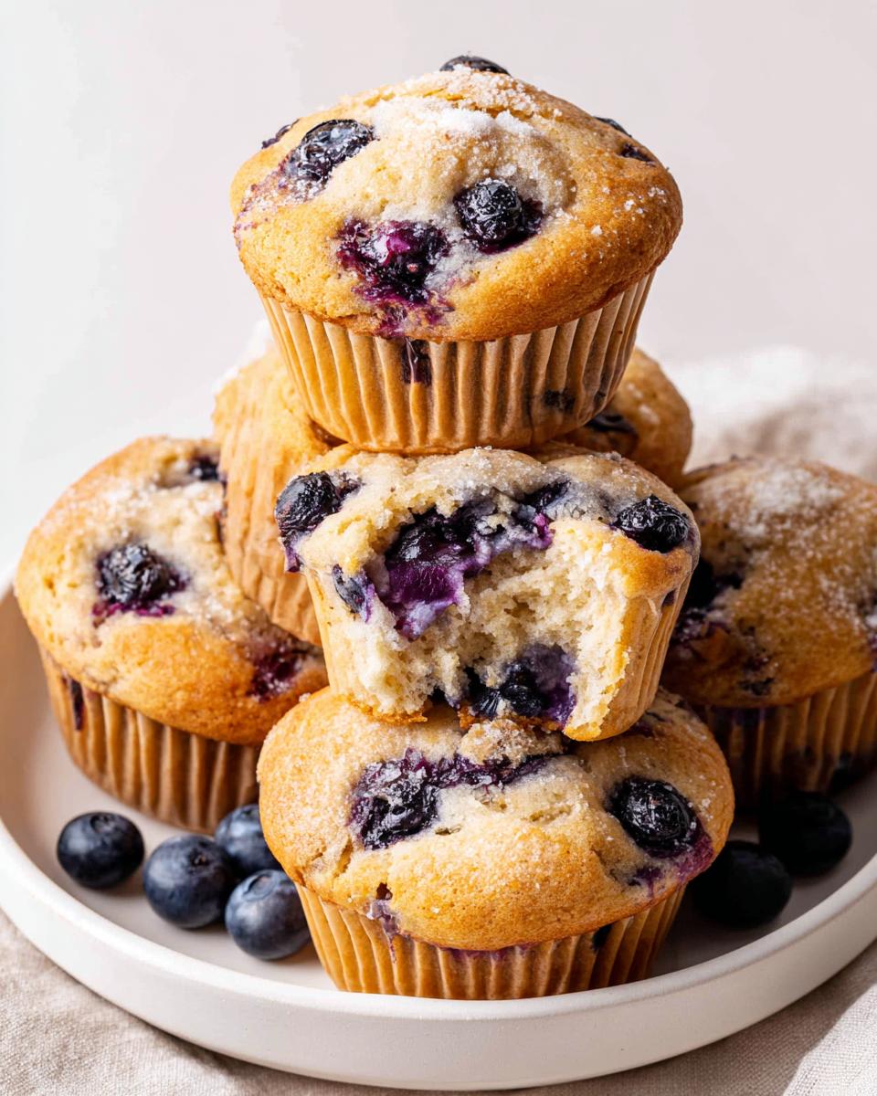 A stack of freshly baked Banana Blueberry Muffins, one partially eaten to show the moist interior filled with blueberries.