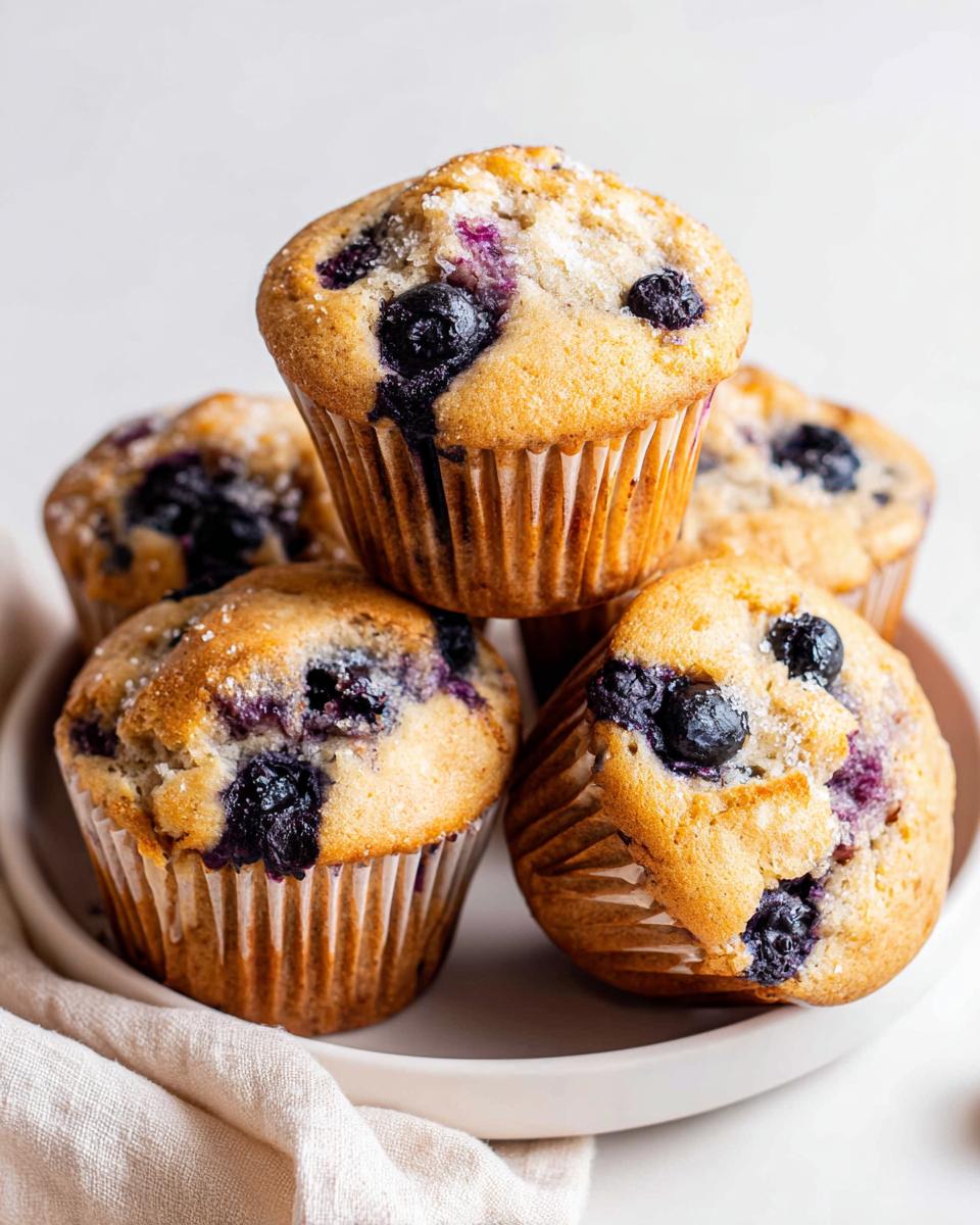A stack of four freshly baked Banana Blueberry Muffins topped with coarse sugar on a white plate.
