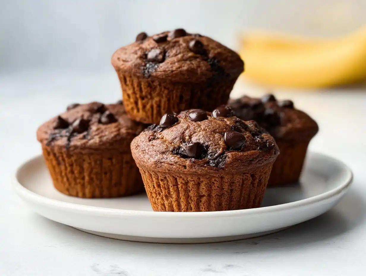 Four rich, dark Banana Chocolate Chip Muffins topped with melted chocolate chips, stacked on a white plate with a banana blurred in the background.