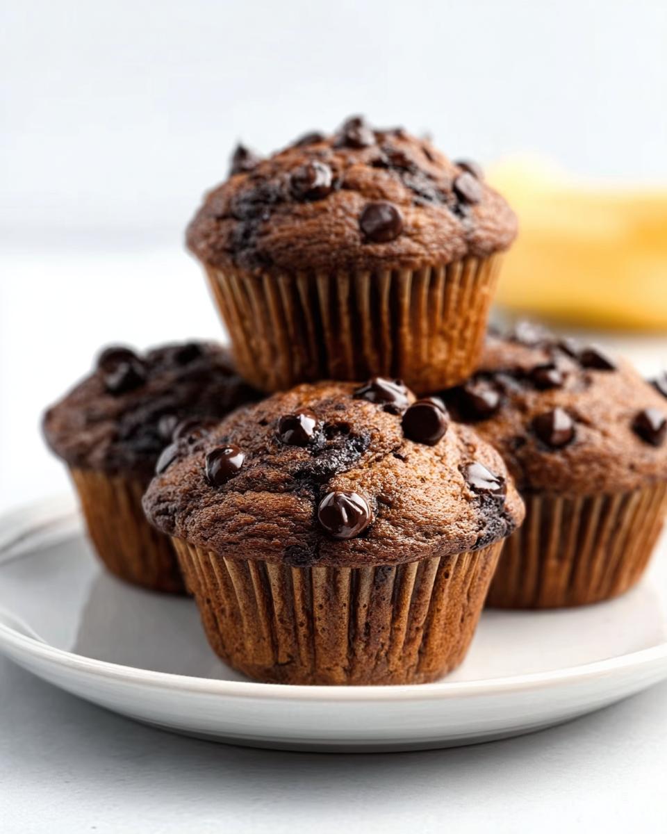 A stack of four rich, dark Banana Chocolate Chip Muffins topped with melted chocolate chips on a white plate.