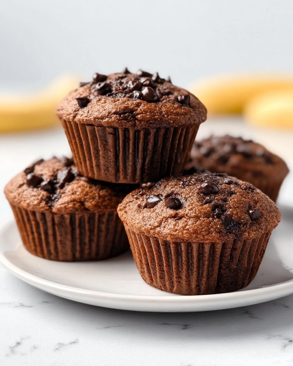 A stack of four rich, dark Banana Chocolate Chip Muffins topped with melted chocolate chips on a white plate.