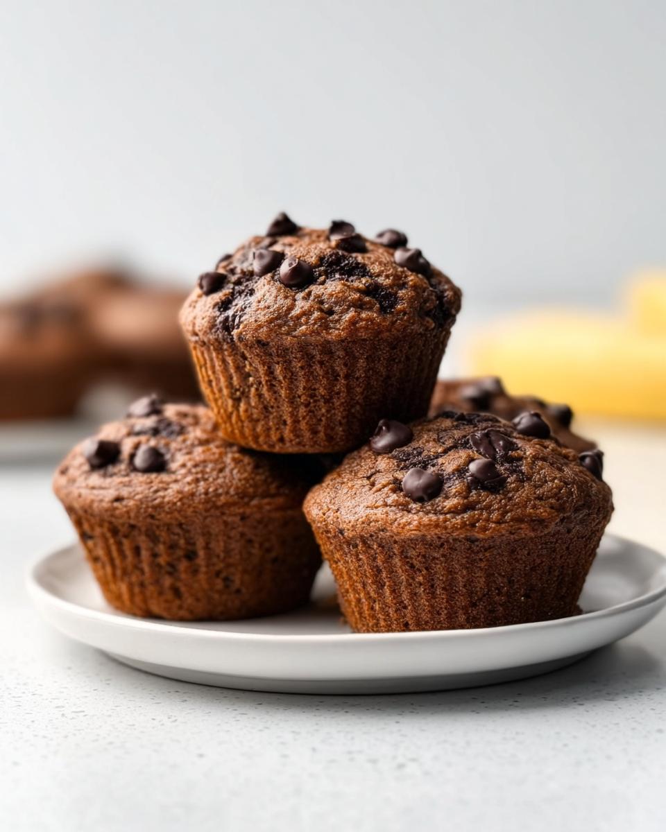 A close-up stack of three freshly baked Banana Chocolate Chip Muffins topped with melted chocolate chips on a white plate.
