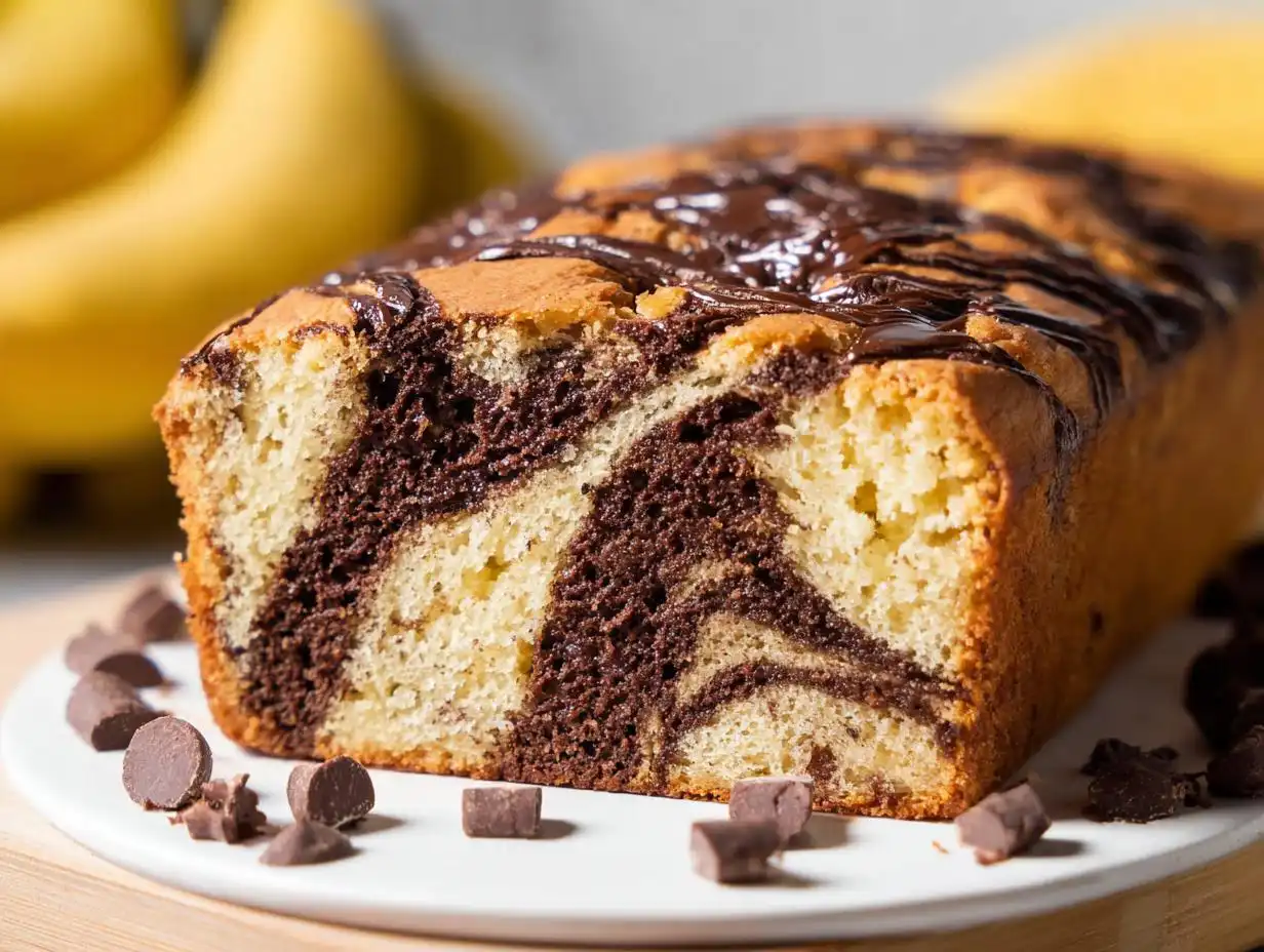 Close-up of a moist Banana Chocolate Swirl Cake loaf showing the marbled interior and chocolate drizzle.