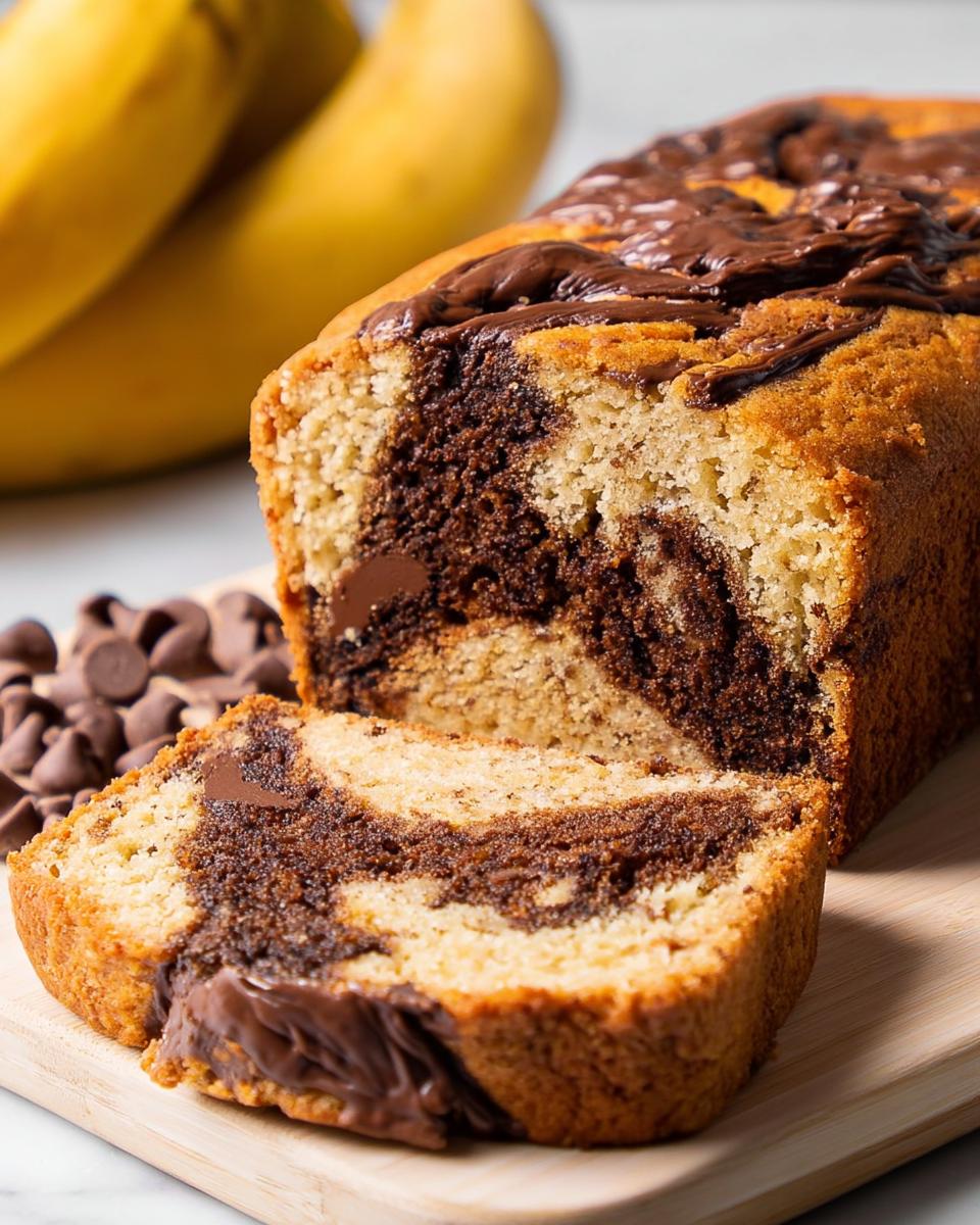 A slice cut from a Banana Chocolate Swirl Cake showing the marbled texture, topped with melted chocolate.