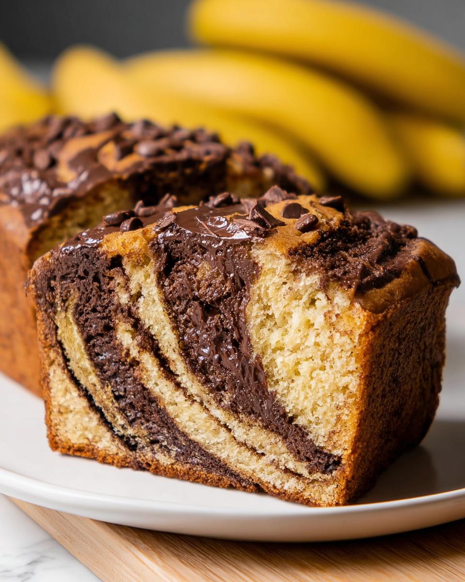Close-up of a slice of Banana Chocolate Swirl Cake showing distinct vanilla and chocolate marbled layers, topped with melted chocolate and chips.