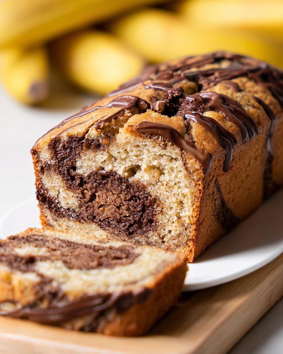 A loaf of Banana Chocolate Swirl Cake, partially sliced, showing the marbled interior and chocolate drizzle topping.