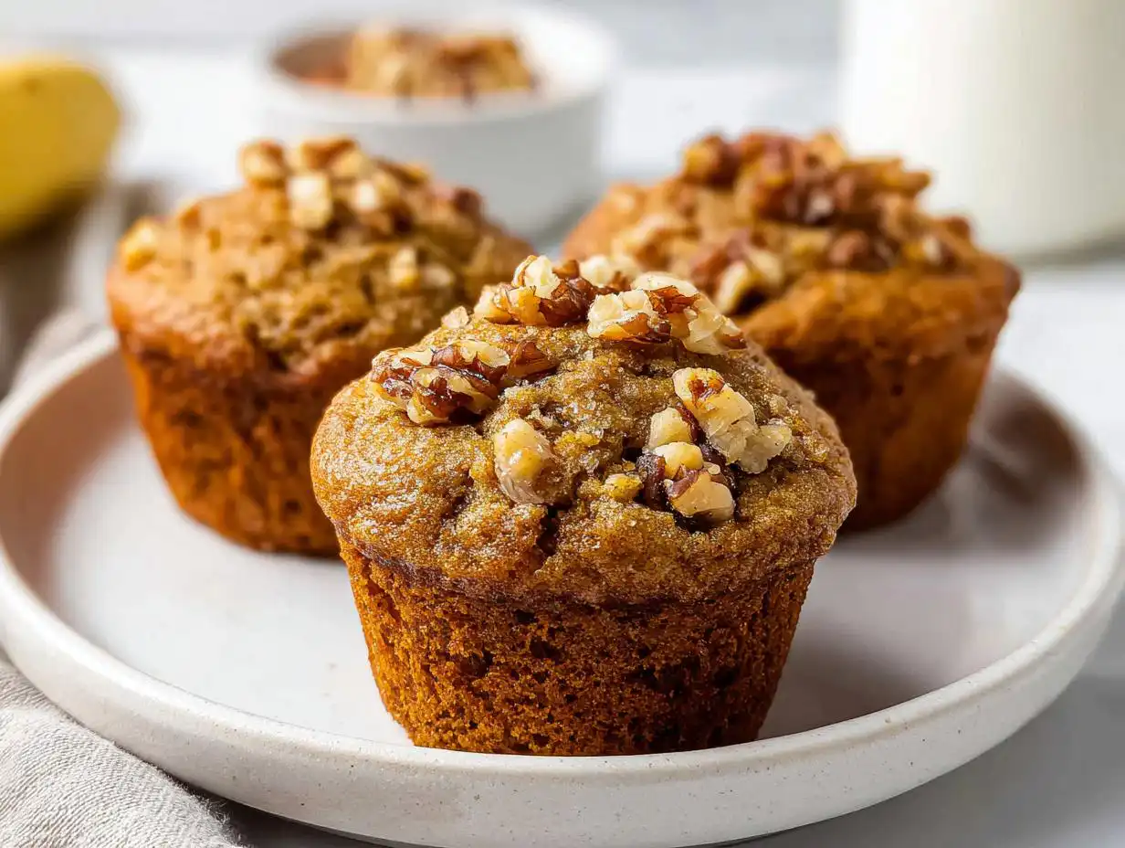 Three freshly baked Banana Nut Muffins, topped generously with chopped walnuts, sitting on a white plate.