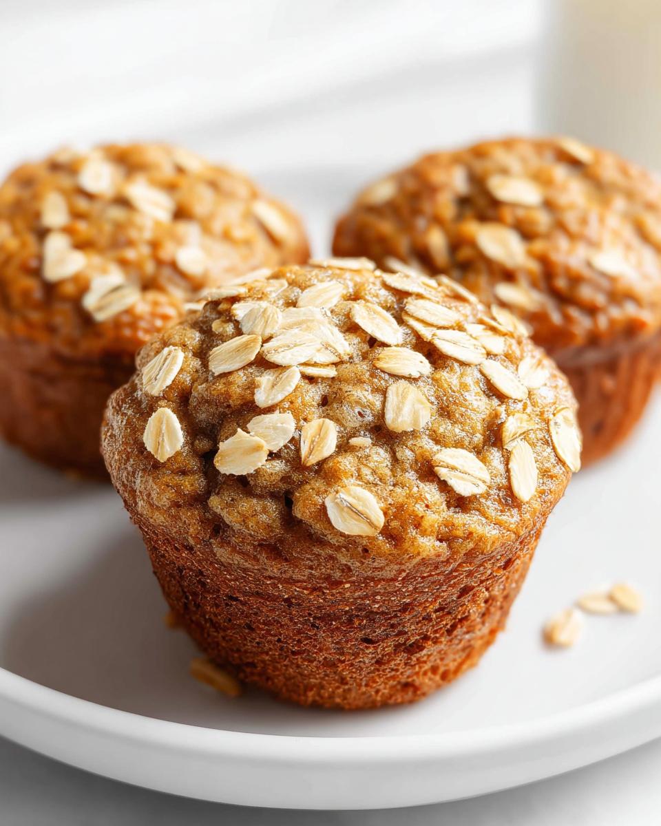 Three freshly baked Banana Oat Muffins on a white plate, topped generously with rolled oats.