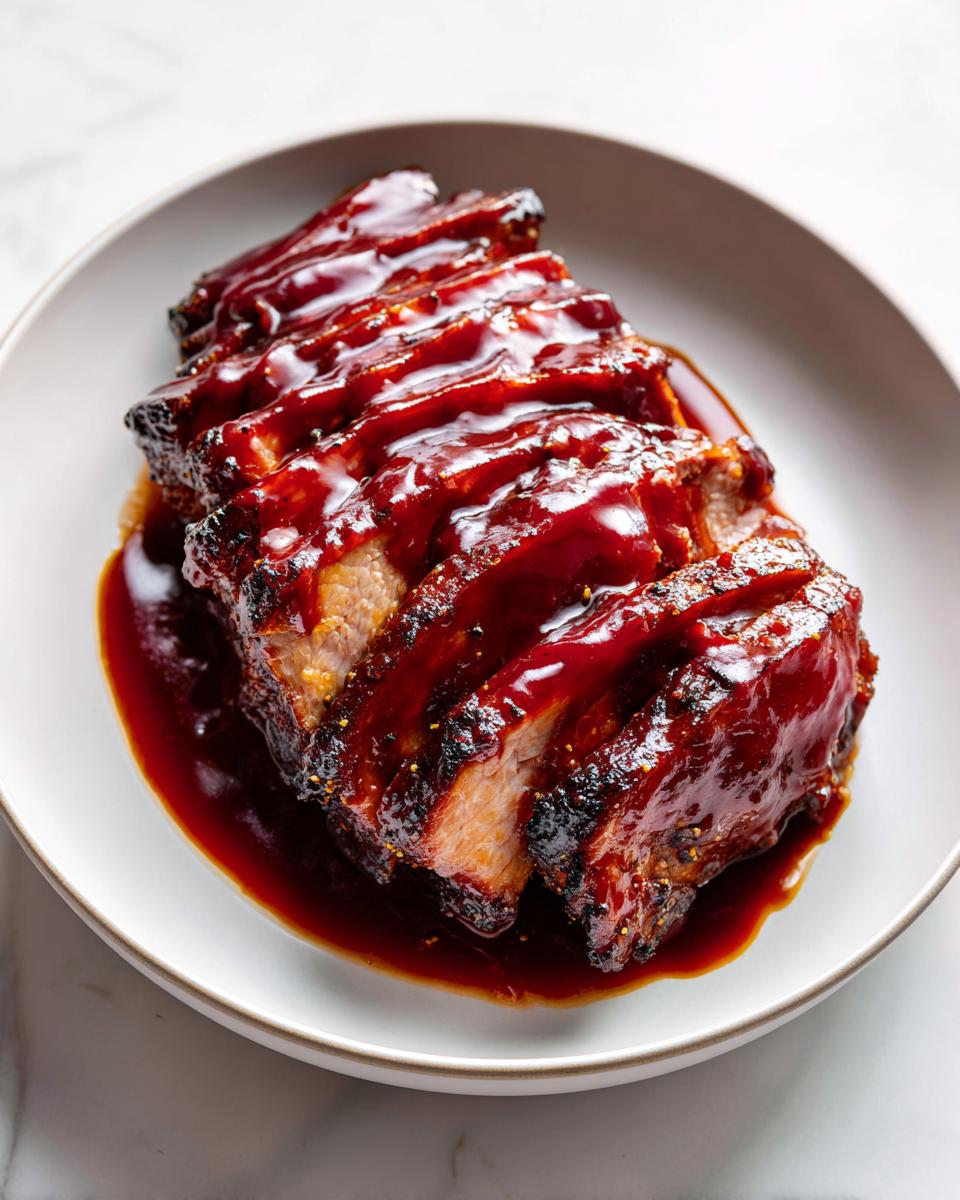Slices of meat heavily coated in thick, glossy BBQ sauce, served on a white plate, representing the Summer BBQ Chicken Plate recipe.