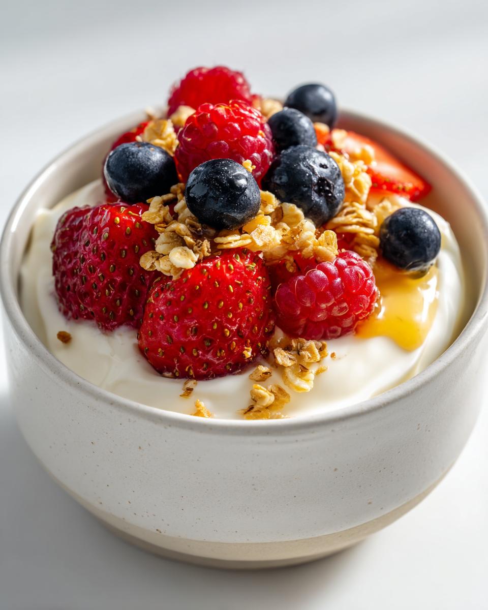 A close-up of a Berry Breakfast Bowl featuring yogurt topped with fresh strawberries, blueberries, raspberries, granola, and a drizzle of honey.
