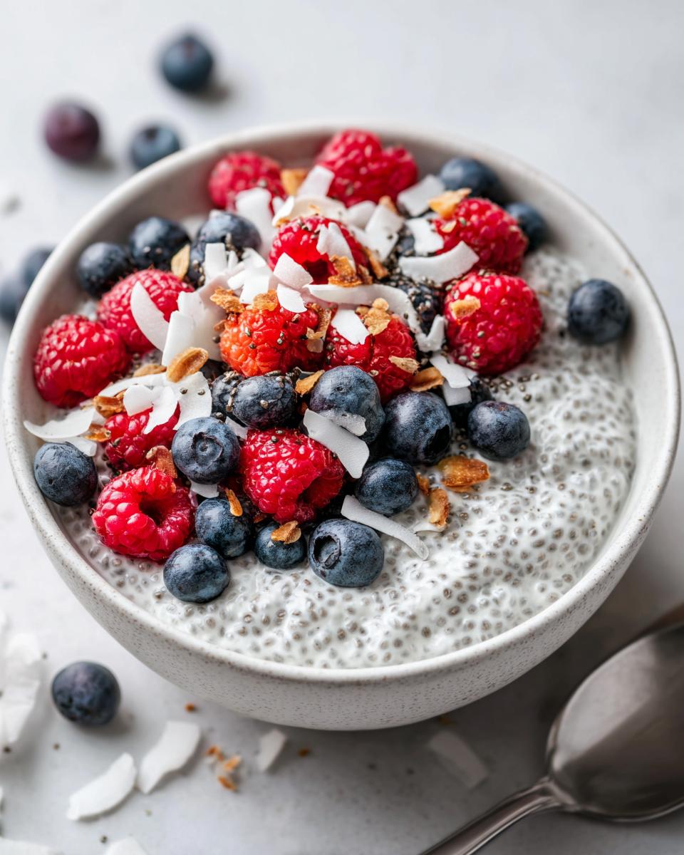 Close-up of a creamy Chia Pudding Breakfast topped with fresh raspberries, blueberries, and coconut flakes.