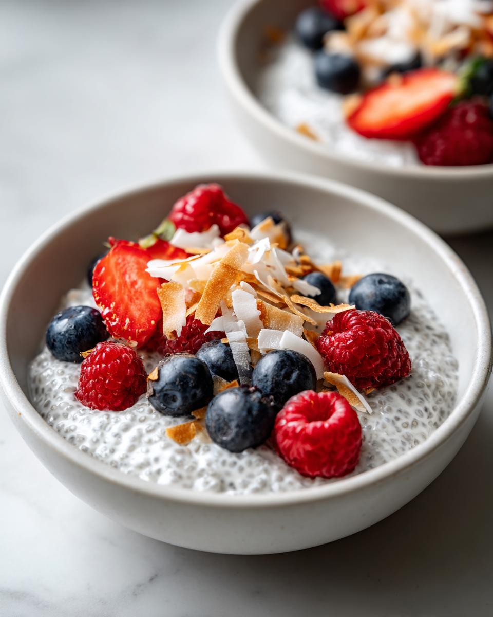 Close-up of a creamy Chia Pudding Breakfast topped with fresh blueberries, raspberries, sliced strawberries, and toasted coconut flakes.