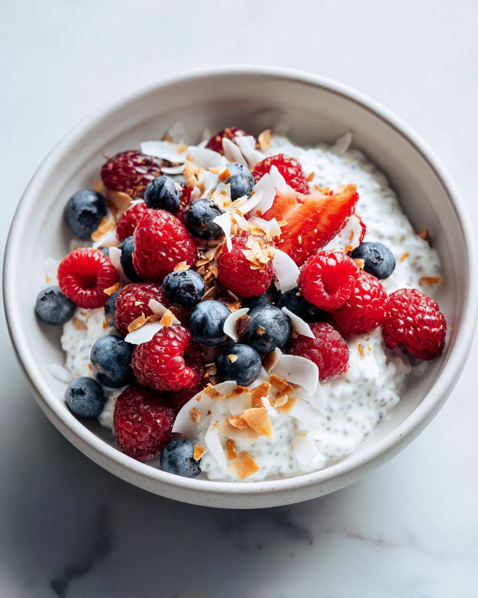Close-up of creamy Chia Pudding Breakfast topped generously with fresh raspberries, blueberries, sliced strawberries, and toasted coconut flakes.