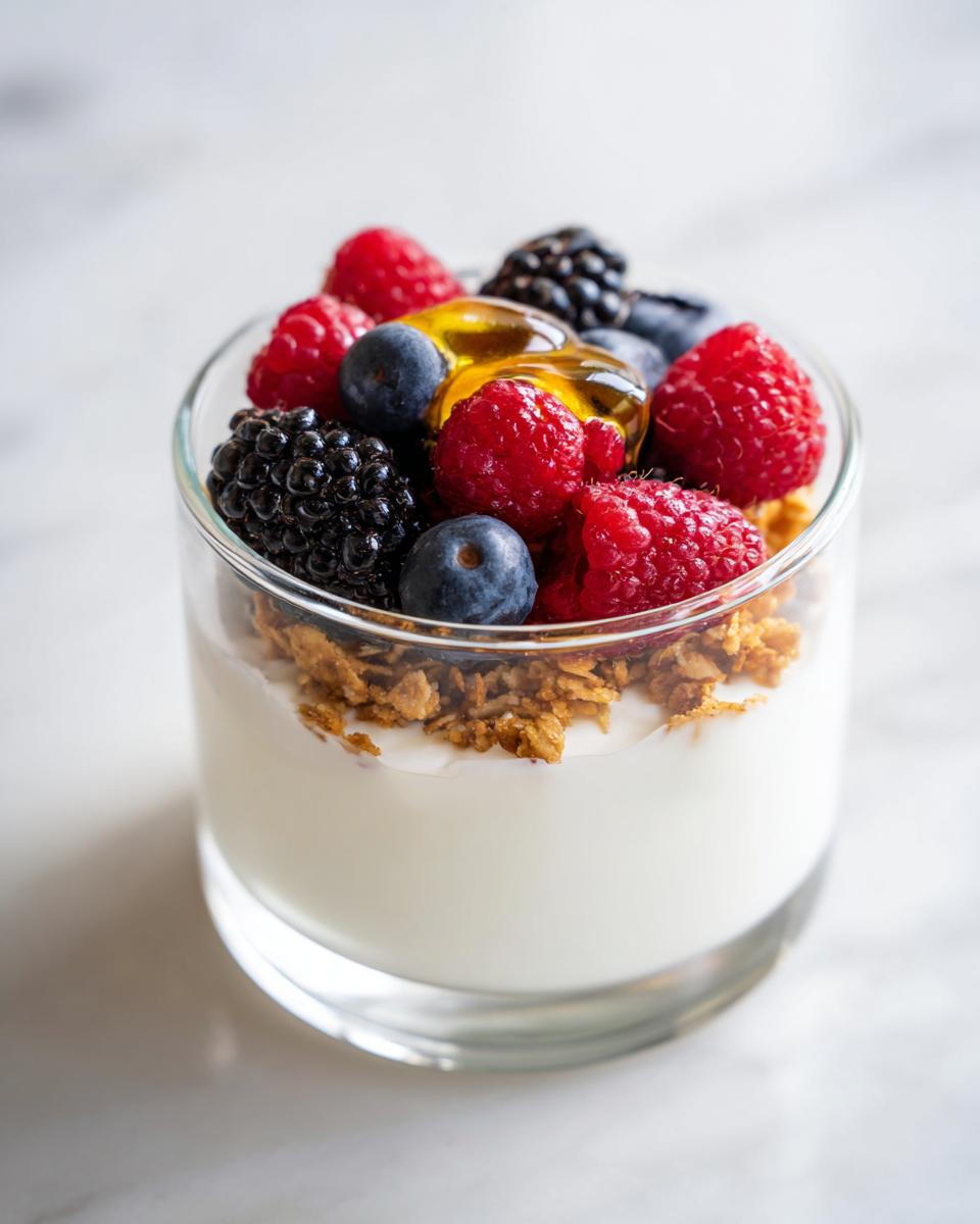 Close-up of a beautiful Yogurt Parfait Aesthetic featuring layers of yogurt, granola, and fresh mixed berries topped with honey.