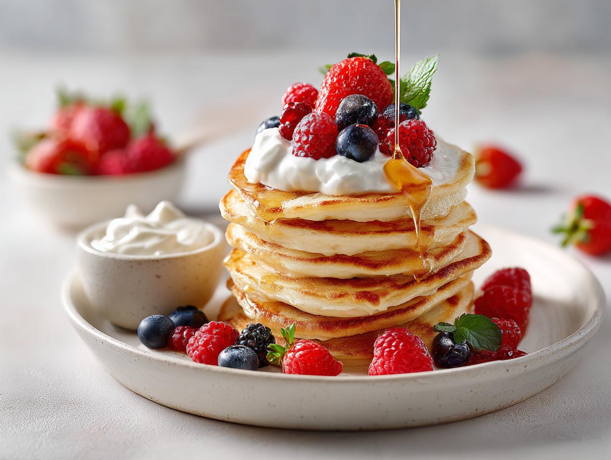 A stack of fluffy pancakes topped with whipped cream, mixed berries, and drizzled with syrup, part of a Breakfast Board Easy.