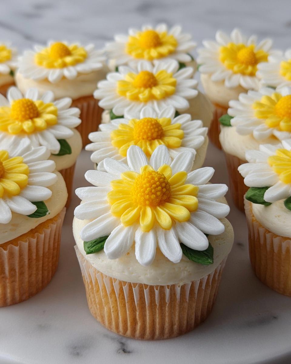 A close-up of several vanilla Buttercream Daisy Cupcakes decorated with white and yellow daisy frosting flowers.
