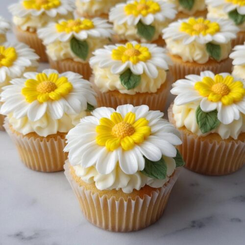 A batch of beautifully decorated Buttercream Daisy Cupcakes with white petals and bright yellow centers.