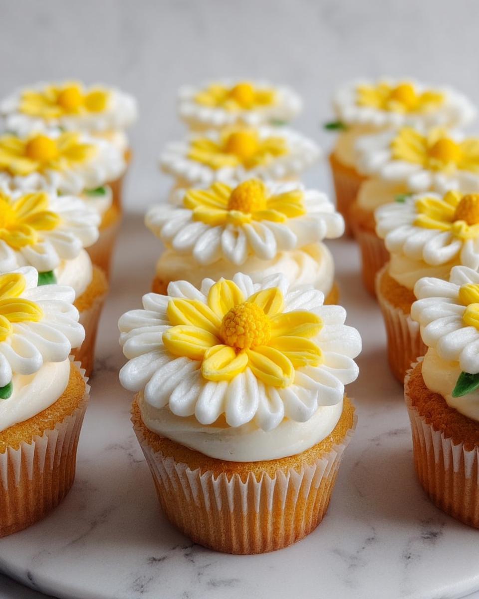 A close-up of several vanilla cupcakes topped with white and yellow buttercream daisy decorations, showcasing the detailed Buttercream Daisy Cupcakes.