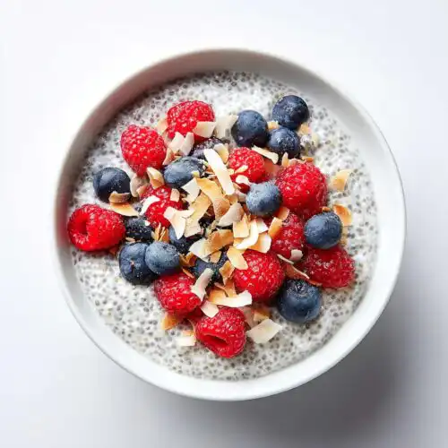 Overhead view of a bowl of creamy Chia Pudding Breakfast topped with fresh raspberries, blueberries, and toasted coconut flakes.