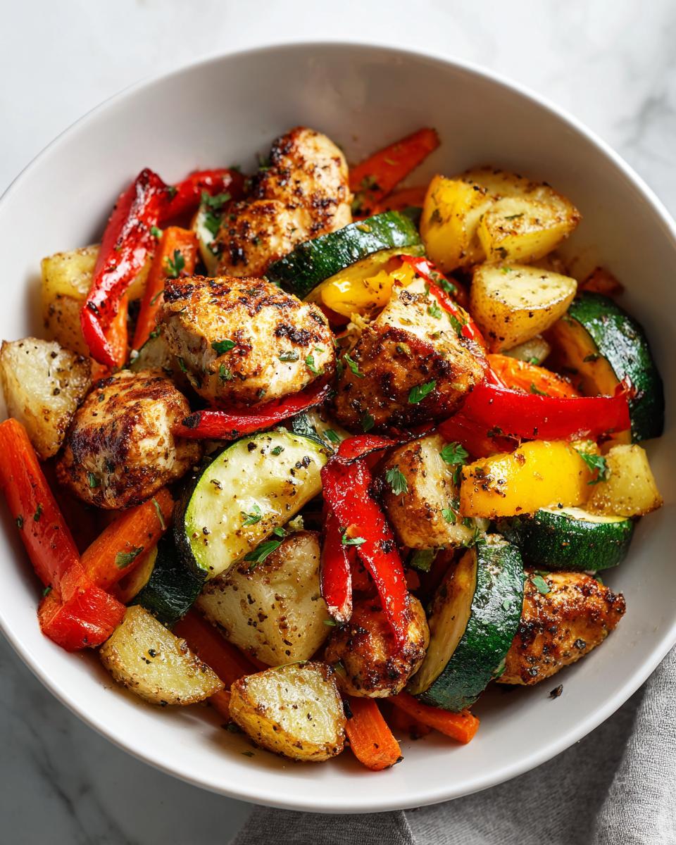 Close-up of seasoned chicken chunks mixed with roasted potatoes, zucchini, carrots, and bell peppers, perfect for Summer Dinner Ideas.