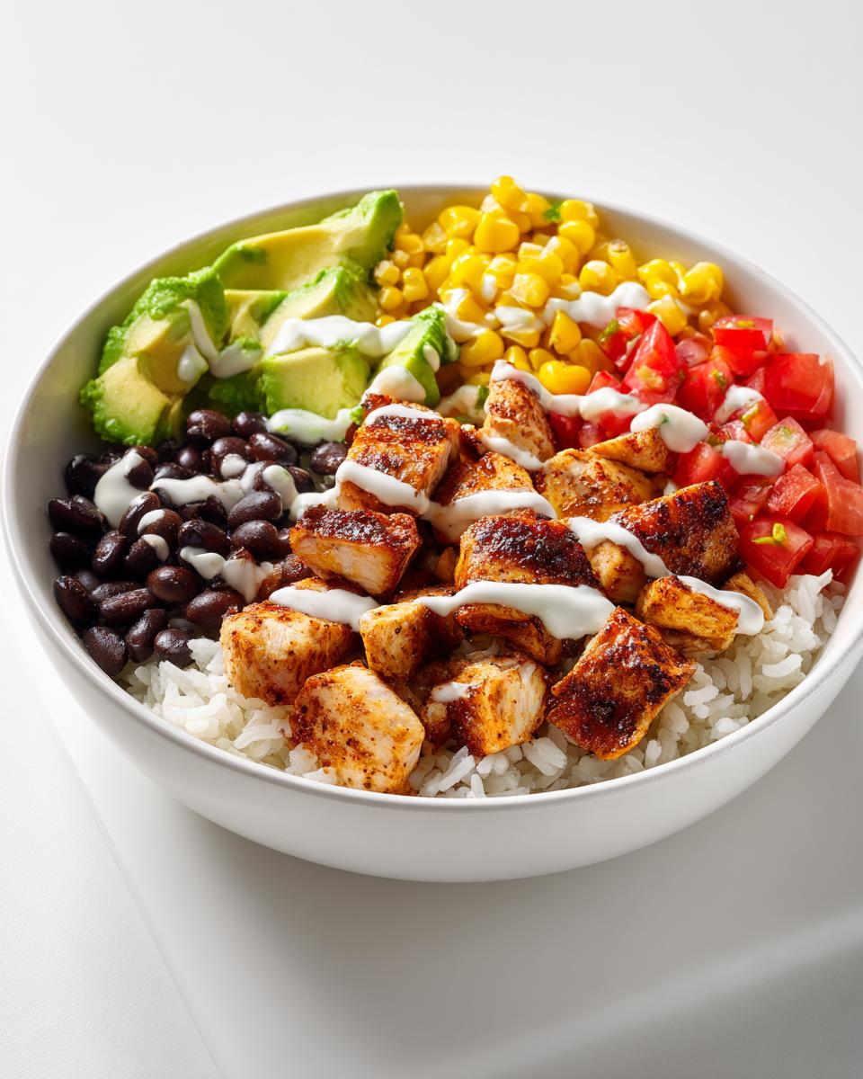 A white bowl filled with a vibrant Chicken Burrito Bowl featuring seasoned chicken, rice, black beans, corn, avocado, and a drizzle of white sauce.