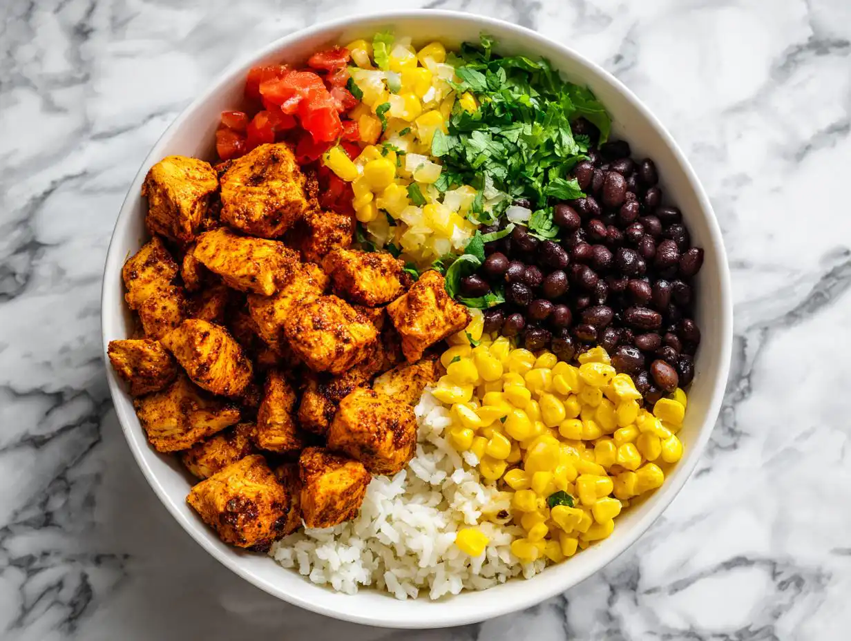 Overhead view of a white bowl filled with ingredients for Chicken Burrito Bowl Meal Prep: seasoned chicken, rice, black beans, corn, salsa, and cilantro.