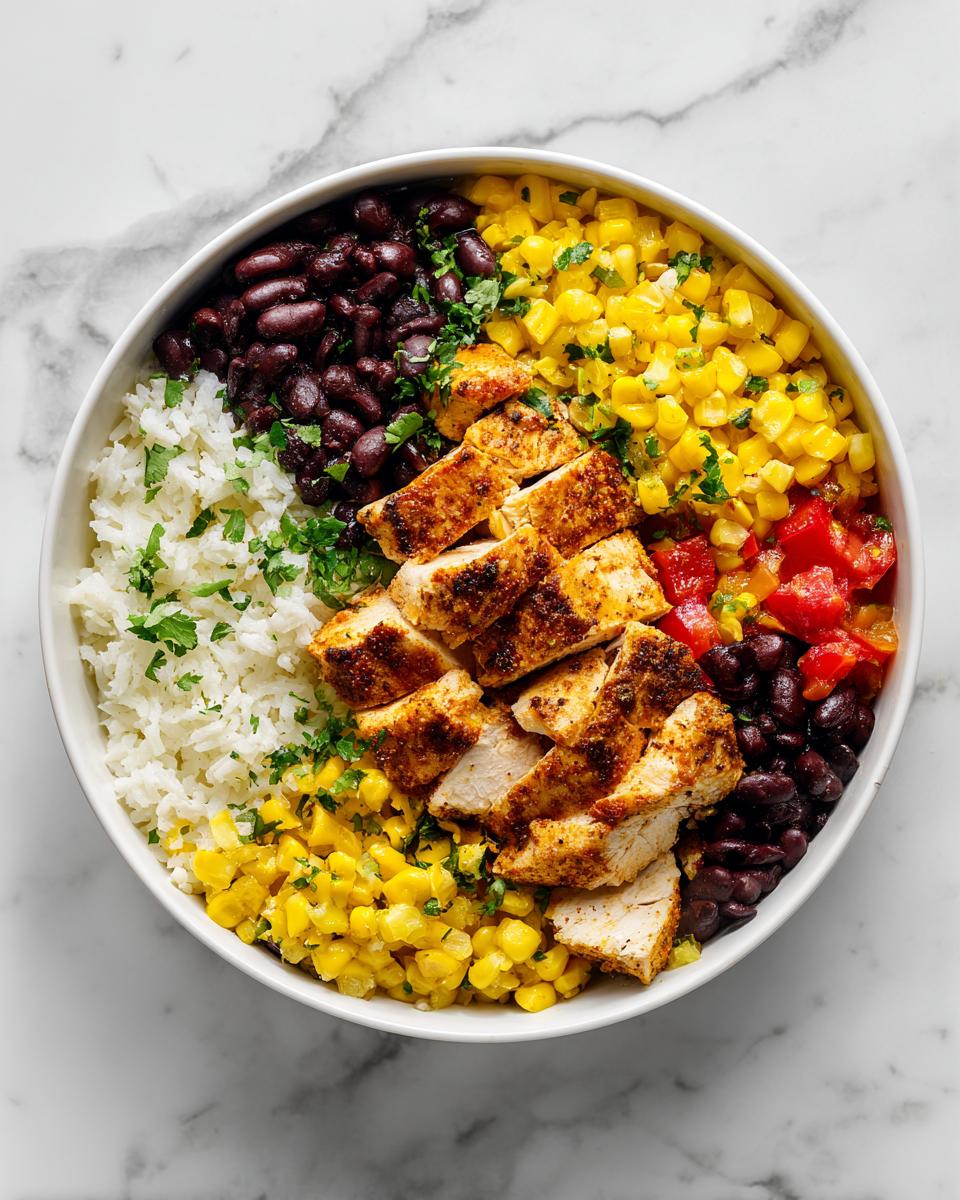 Overhead view of a Chicken Burrito Bowl Meal Prep serving with seasoned chicken, rice, black beans, corn, and tomatoes.