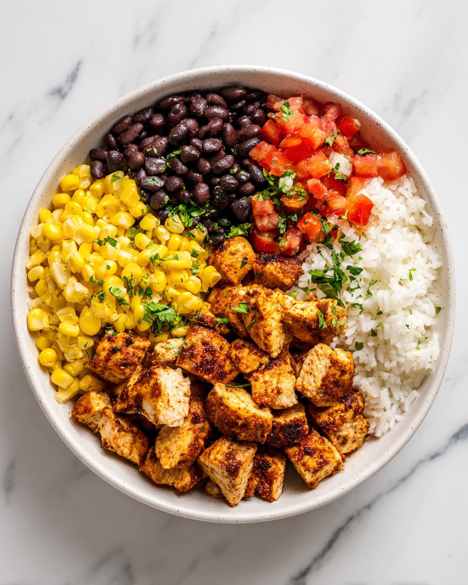 Overhead view of a Chicken Burrito Bowl Meal Prep serving with seasoned chicken, rice, corn, black beans, and salsa.