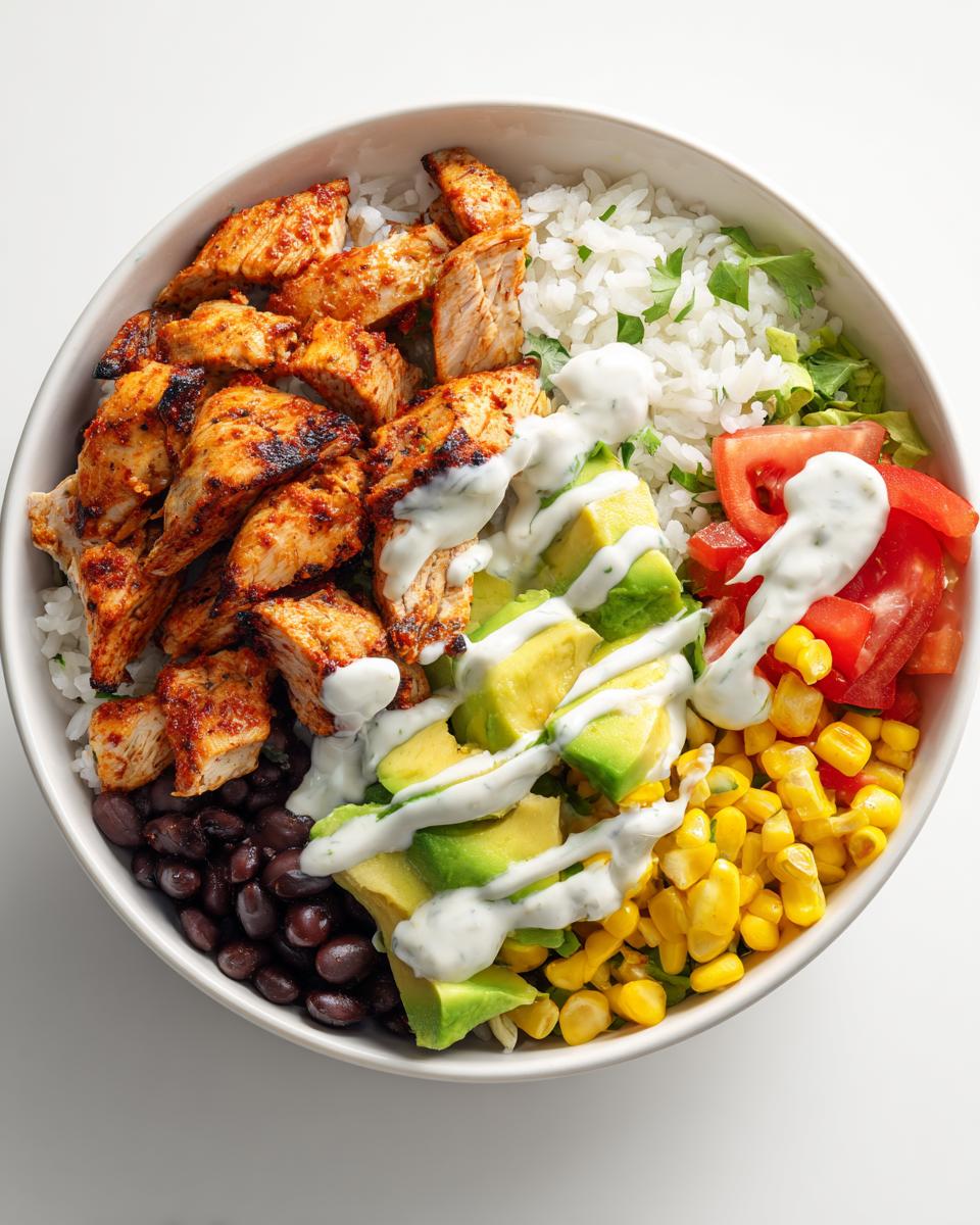Overhead view of a vibrant Chicken Burrito Bowl featuring seasoned chicken, rice, black beans, corn, avocado, and creamy dressing.