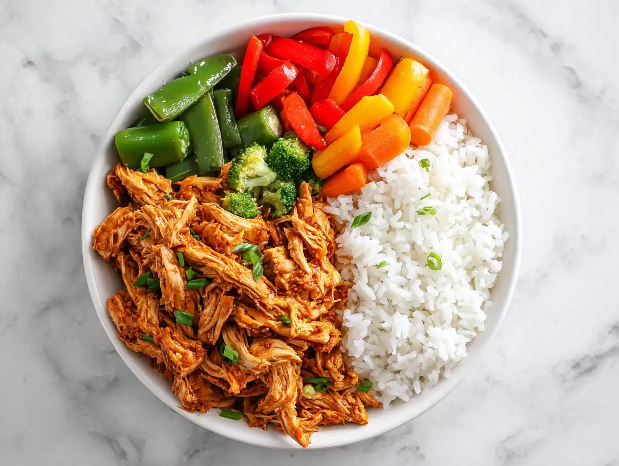 Overhead view of a single serving Chicken Meal Prep Bowls featuring shredded saucy chicken, white rice, and steamed vegetables.