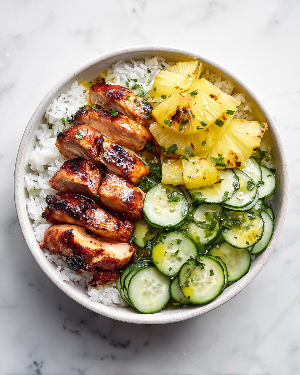 Overhead view of a Chicken Pineapple Summer Bowl featuring glazed chicken, grilled pineapple, and sliced cucumbers over white rice.