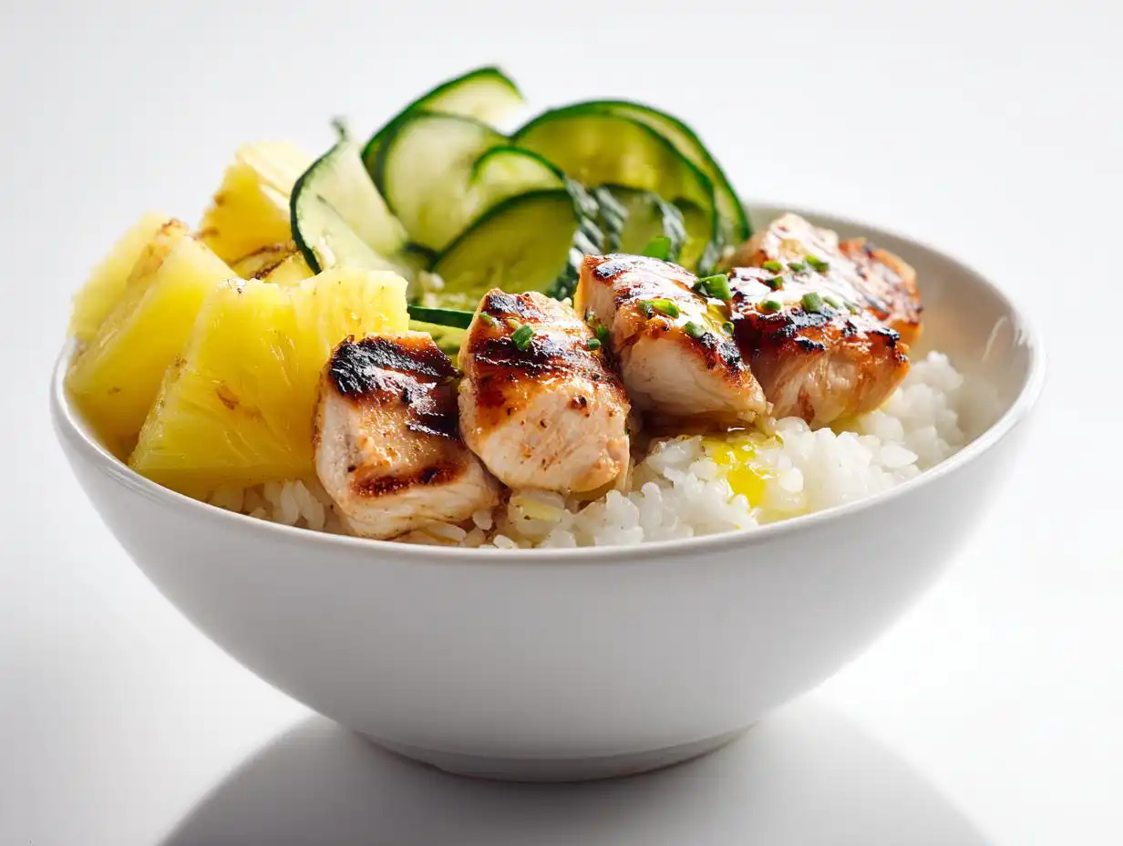 Close-up of a Chicken Pineapple Summer Bowl featuring grilled chicken pieces over white rice with fresh pineapple and cucumber slices.