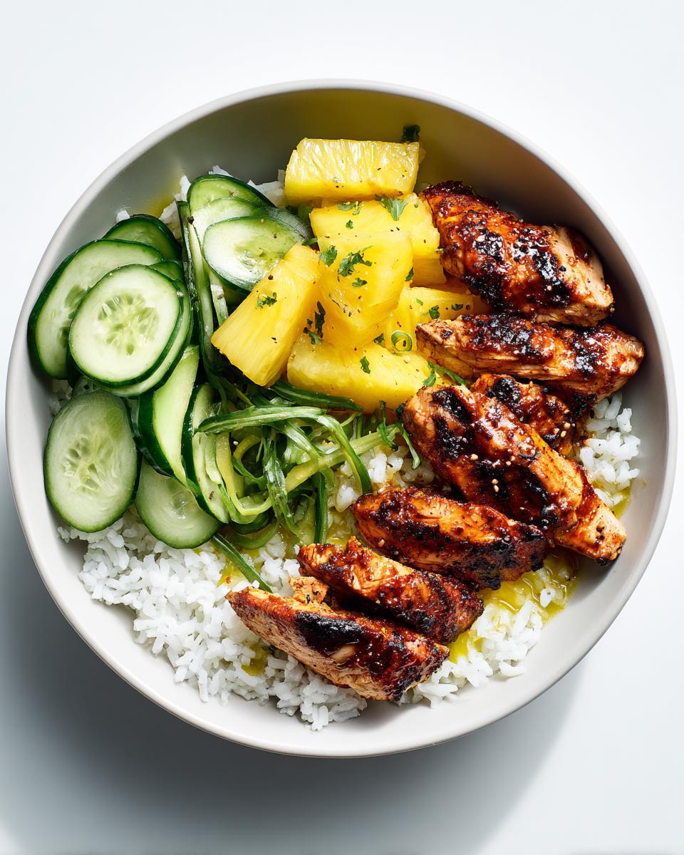 Overhead view of a Chicken Pineapple Summer Bowl featuring grilled chicken, white rice, fresh pineapple chunks, and sliced cucumbers.