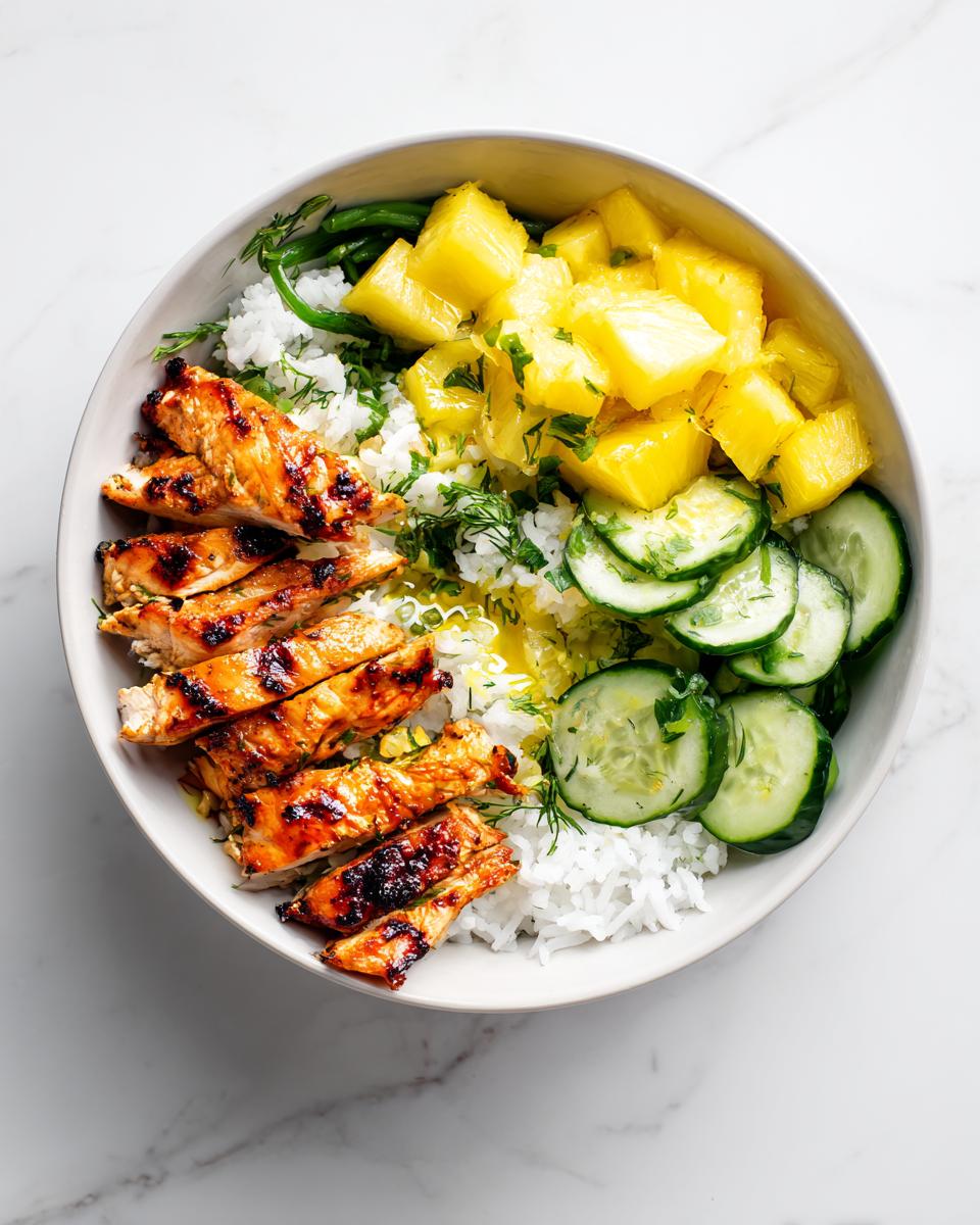 Overhead view of a Chicken Pineapple Summer Bowl featuring grilled sliced chicken, white rice, pineapple chunks, and sliced cucumbers.