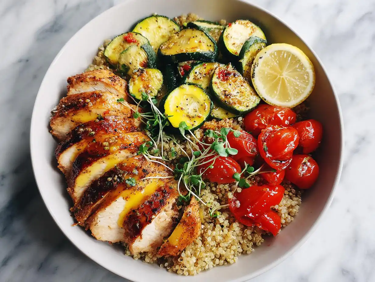 A vibrant bowl featuring sliced seasoned chicken breast over quinoa, served with grilled zucchini, roasted tomatoes, and a lemon slice, perfect for Light Summer Dinner Recipes.