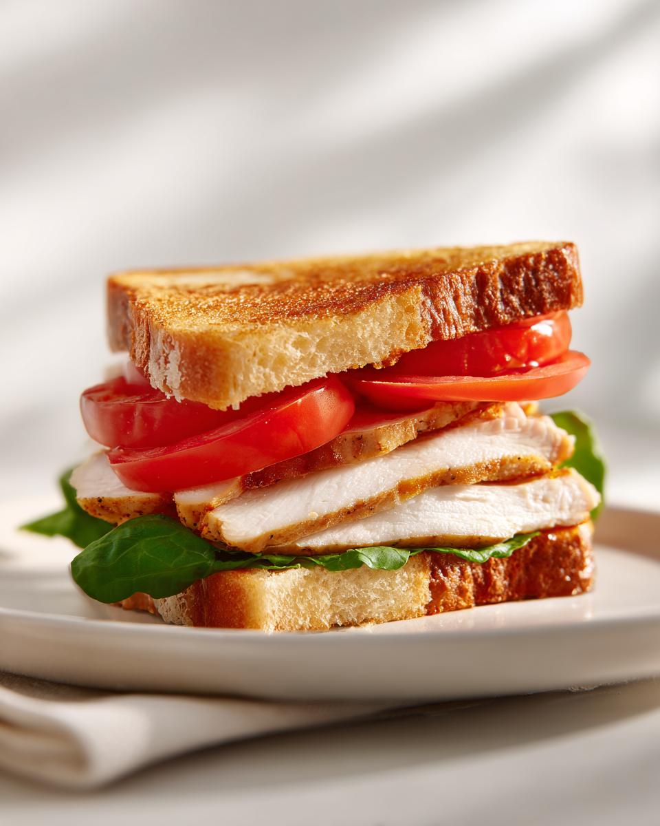 A tall, stacked chicken sandwich picnic featuring sliced grilled chicken, ripe tomatoes, and spinach on toasted bread.