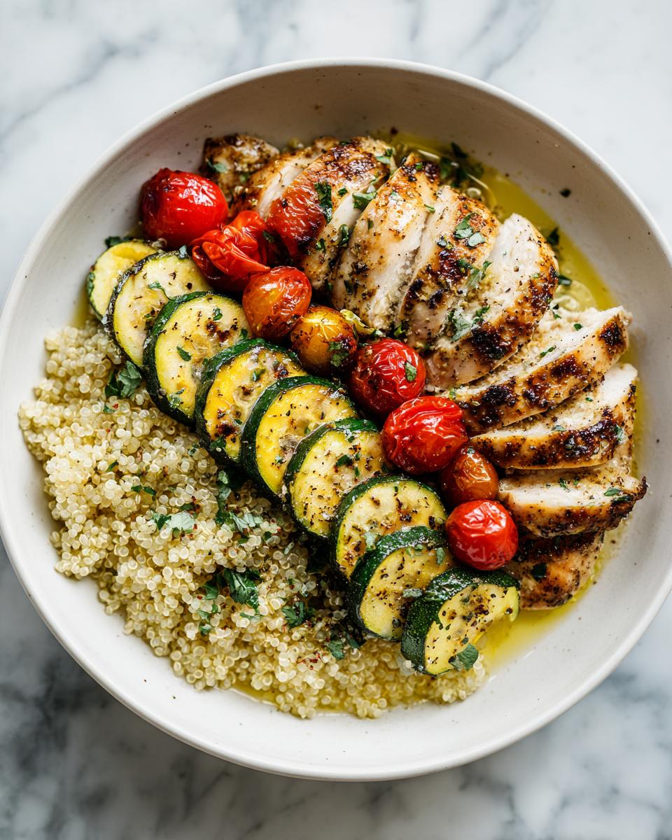 A bowl featuring a Chicken Summer Plate: sliced seasoned chicken breast, grilled zucchini rounds, roasted cherry tomatoes, and quinoa.