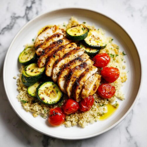 A perfectly sliced, seasoned Chicken Summer Plate served over quinoa with grilled zucchini and roasted cherry tomatoes.
