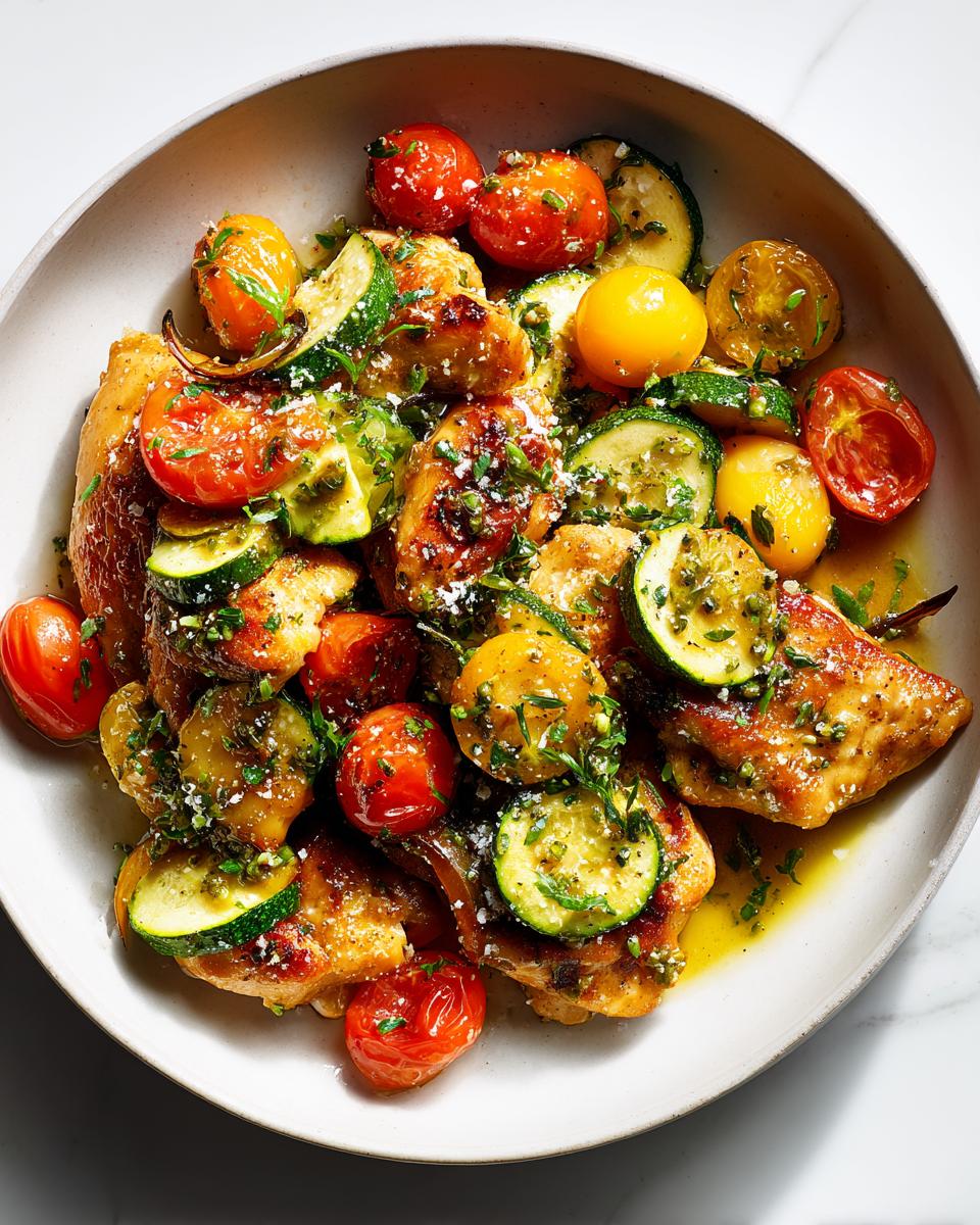 Close-up of a Chicken Summer Skillet Dinner featuring pan-seared chicken pieces topped with sliced zucchini, blistered cherry tomatoes, and herbs.