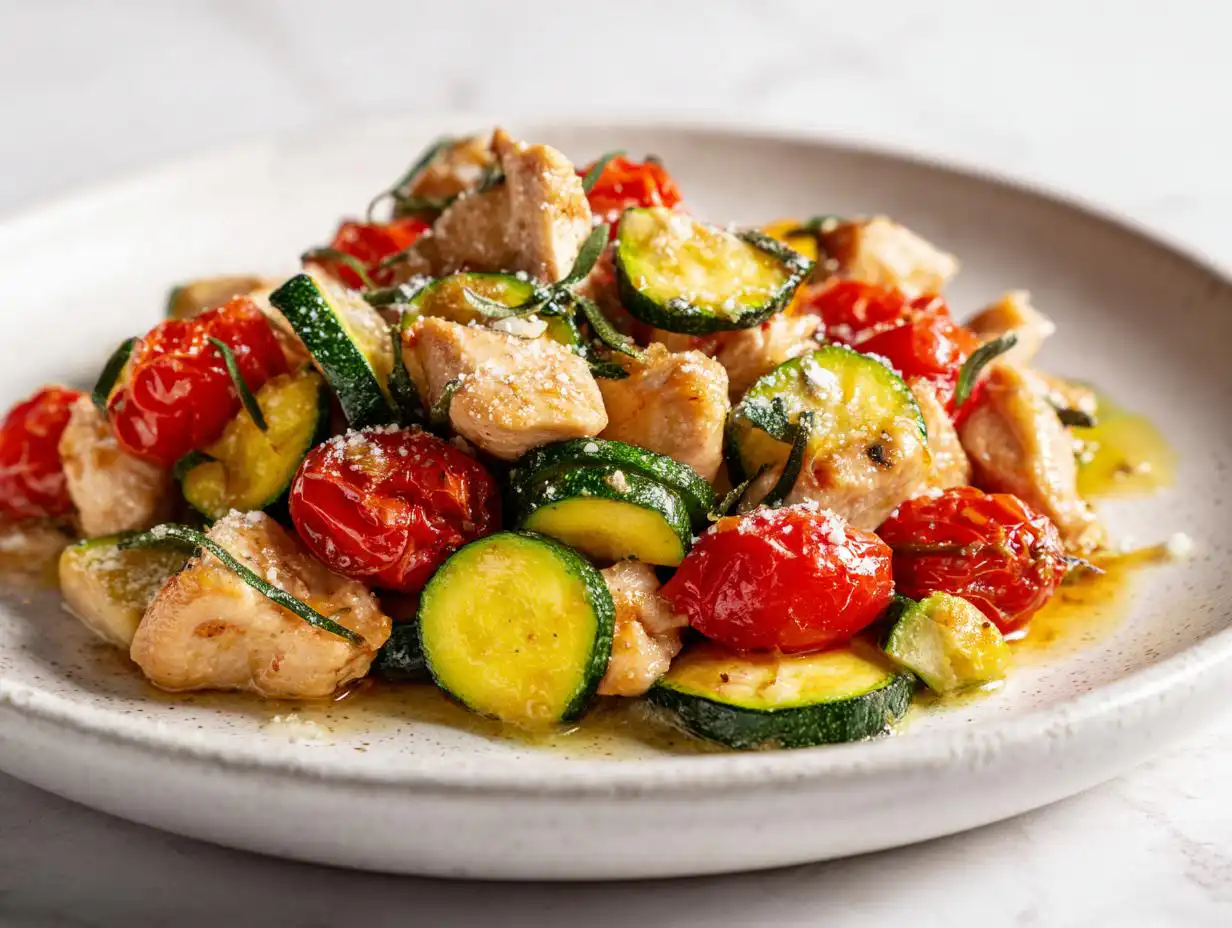 A close-up of the Chicken Summer Skillet Dinner featuring sautéed chicken pieces, zucchini rounds, and burst cherry tomatoes, topped with cheese.