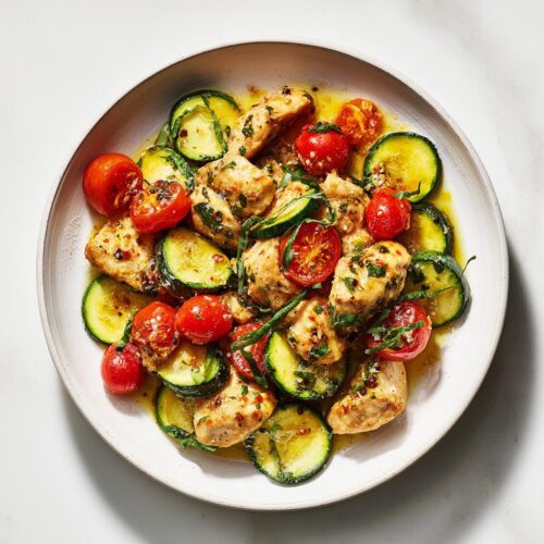 Overhead view of a Chicken Summer Skillet Dinner featuring pan-seared chicken pieces, sliced zucchini, and halved cherry tomatoes in a light sauce.