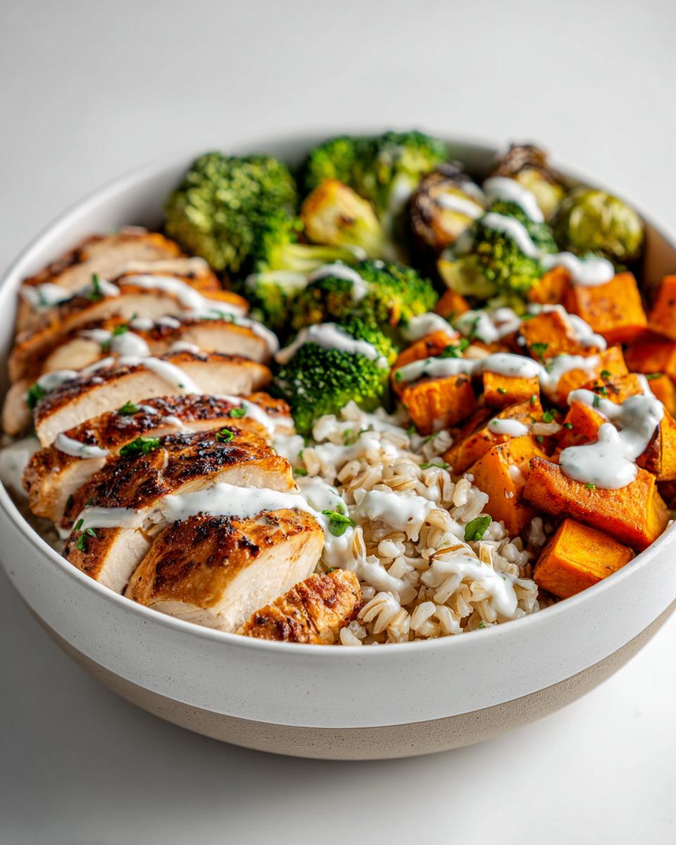 Close-up of a Summer Bowl Meal Prep featuring sliced grilled chicken, brown rice, roasted sweet potatoes, and broccoli with a white sauce drizzle.