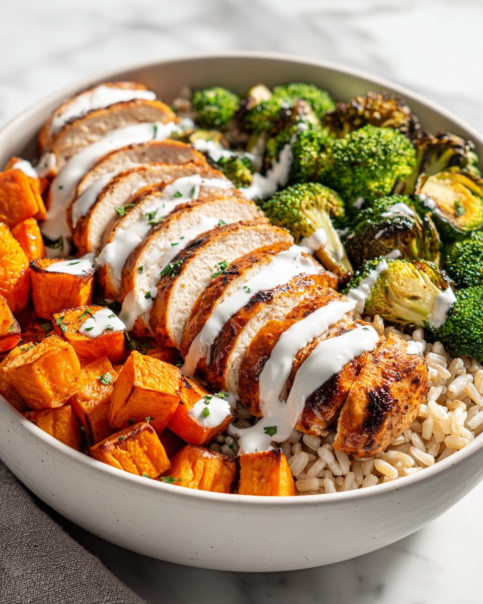 Close-up of a Summer Bowl Meal Prep featuring sliced grilled chicken, roasted sweet potatoes, broccoli, and brown rice with a white sauce.