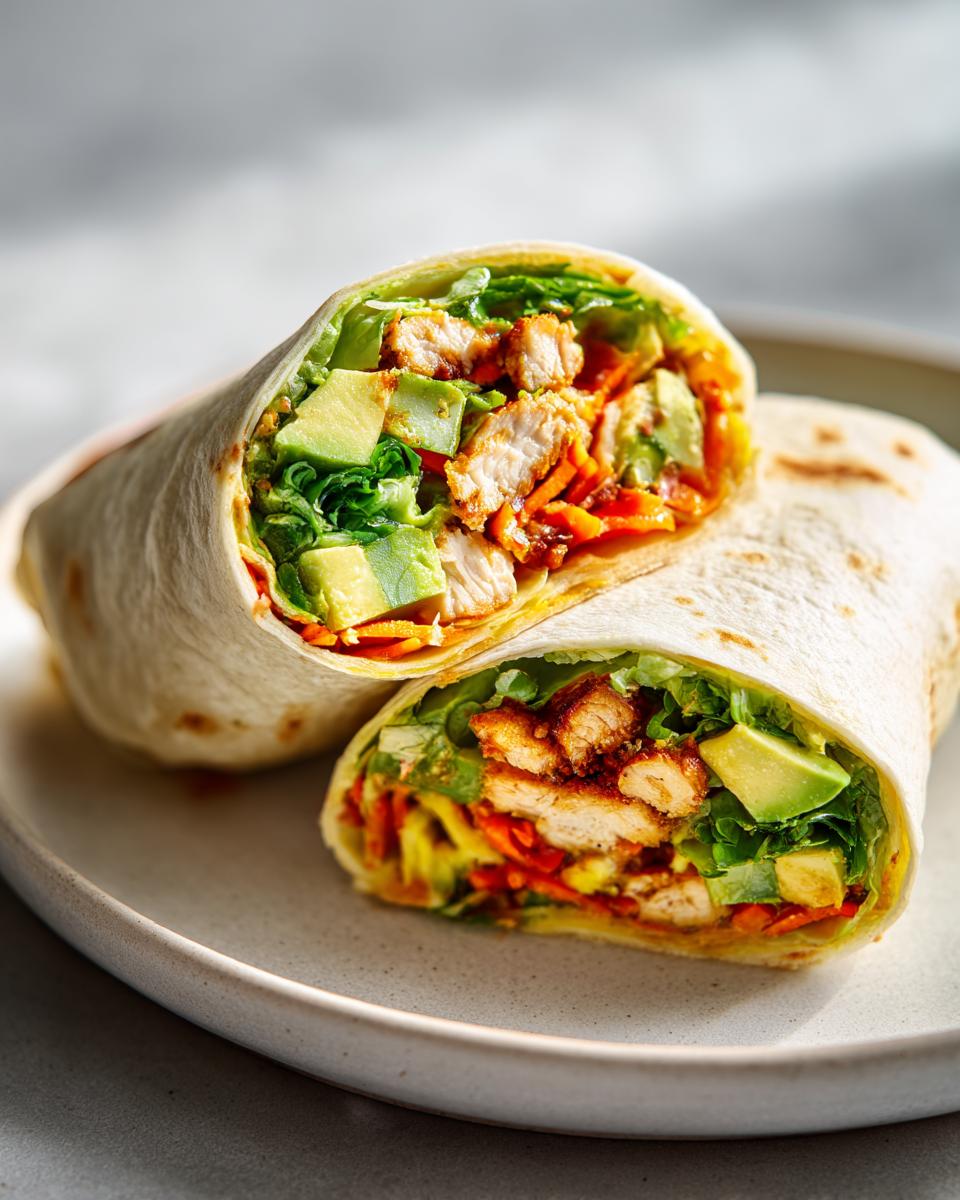 A close-up of a chicken wrap, cut in half, showing crispy chicken, avocado, lettuce, and shredded carrots. Great for Summer Chicken Wrap Ideas.