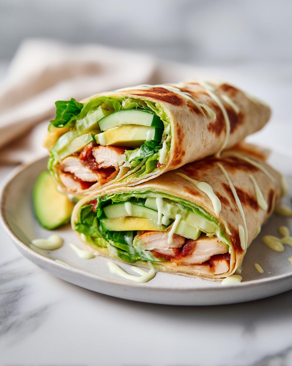 Two halves of a delicious chicken wrap sandwich, filled with lettuce, cucumber, avocado, and drizzled with sauce, perfect for a picnic.