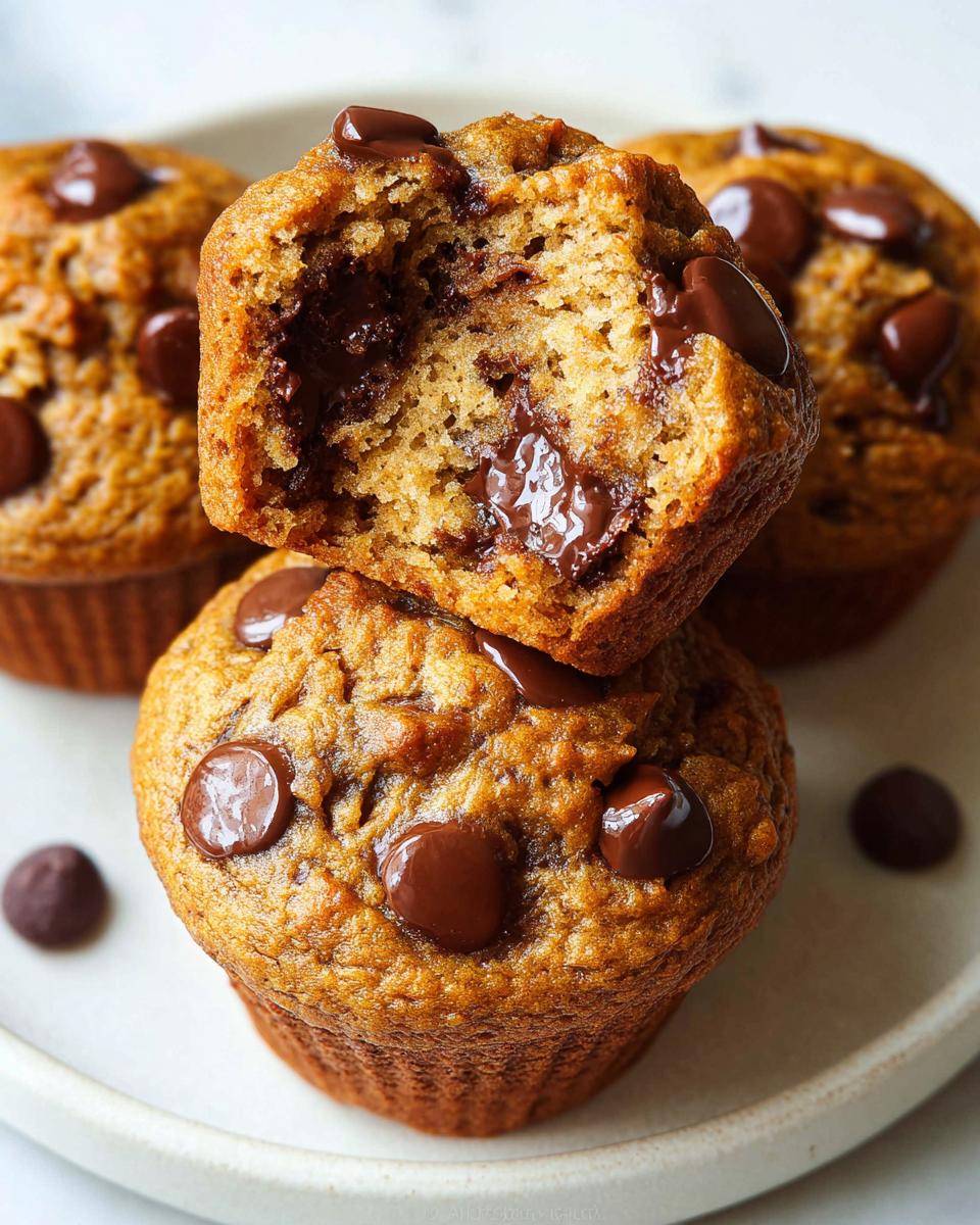 Close-up of Chocolate Chip Banana Muffins, one broken open revealing a gooey, melted chocolate center.