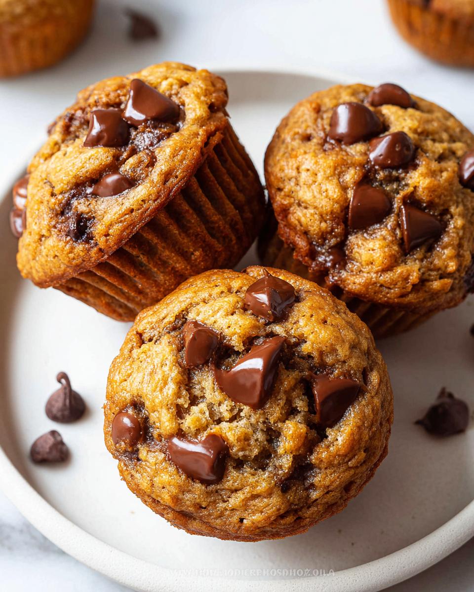 Three freshly baked Chocolate Chip Banana Muffins piled on a white plate, topped with melted chocolate chips.