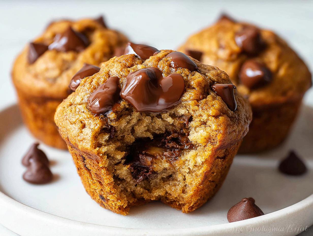 Close-up of a Chocolate Chip Banana Muffins with a bite taken out, showing gooey melted chocolate chips inside.